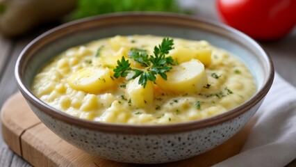  Deliciously creamy rice pudding with a touch of freshness from diced pineapple and a sprinkle of green herbs
