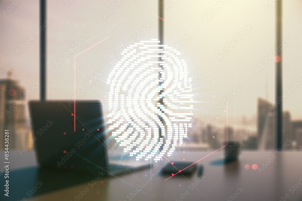 Leinwandbilder multi exposure of abstract graphic fingerprint sketch and modern desktop with pc on background, fing