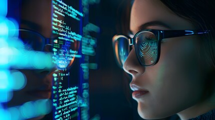 A woman is looking at a computer screen with a lot of code on it
