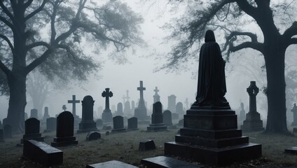 A misty cemetery, shrouded in fog, with a ghostly figure hovering over a headstone, creating an eerie and haunting atmosphere, halloween mood