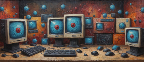 Surreal oil painting on canvas with thick paint layers and raised textures, depicting jolly computer viruses consuming computers, blending playful imagery with tactile digital elements, Generative AI