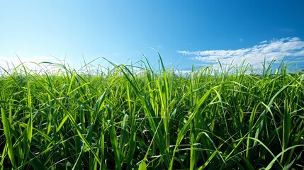 Obraz premium Expansive field of sugarcane swaying in the breeze, bright green stalks under a clear blue sky, showcasing sustainable agriculture and renewable energy potential