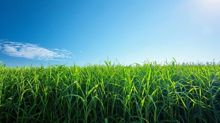Obraz premium Expansive field of sugarcane swaying in the breeze, bright green stalks under a clear blue sky, showcasing sustainable agriculture and renewable energy potential