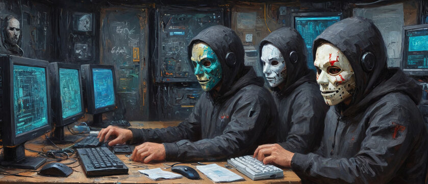 An oil painting on canvas depicting computer hackers in mask destroying networks, with thick paint layers and raised textures, showing computers behaving in surreal and chaotic ways, Generative AI