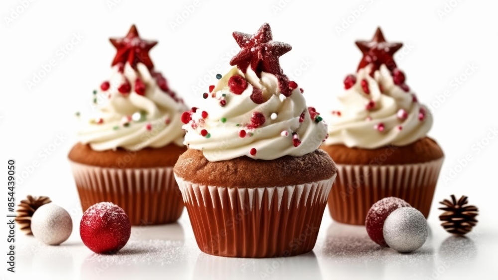 Poster  Sweet Christmas delight  Festive cupcakes with star toppers and candy balls