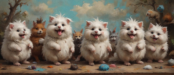 An oil painting on canvas showcasing a whimsical scene of fluffy creatures making mischief, using thick paint and raised textures to enhance their humorous antics, Generative AI