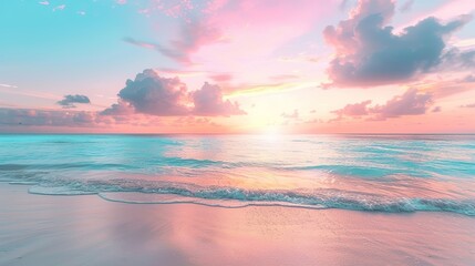 Fototapeta premium Serene Sunset Over Tropical Ocean with Soft Pastel Colors and Calm Waters, Idyllic Sky and Clouds on a Beach in the Maldives or Caribbean. Perfect Travel Destination for a Summer Vacation