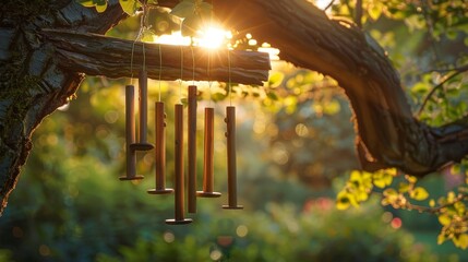Koshi chimes hanging from a tree branch, their melodic sounds harmonizing with nature, enhancing the peaceful atmosphere of an outdoor yoga retreat
