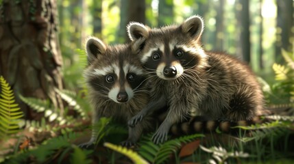 Obraz premium Two young raccoons with black masks and bushy tails peek out from the foliage in a lush forest setting.