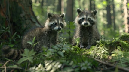 Two young raccoons with black masks, sit amongst vibrant green ferns and foliage in the forest.