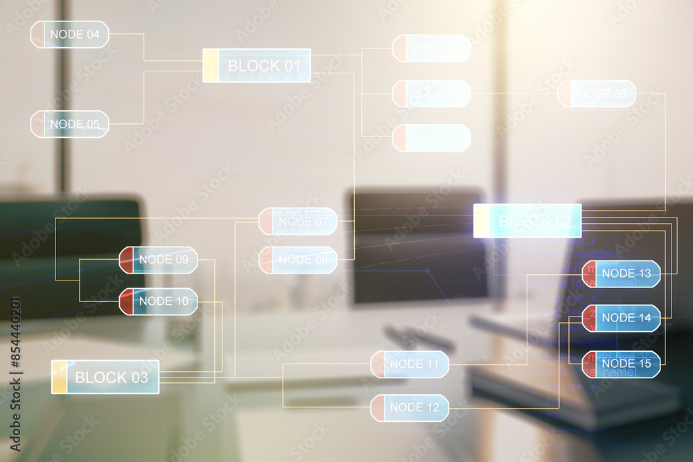 Poster double exposure of abstract creative programming illustration and modern desk with computer on backg