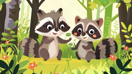 Naklejka premium Two cartoon raccoons stand side by side on a path in the forest. They are smiling and appear to be friends.