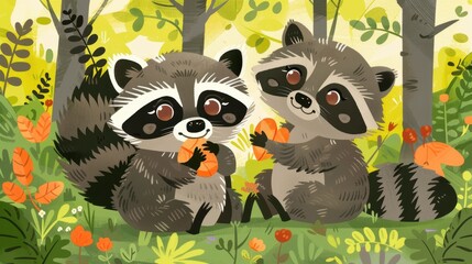 Obraz premium Two cute raccoons are sitting in a lush green forest, happily munching on orange treats. The scene is bright and cheerful, showcasing the playful nature of these animals.
