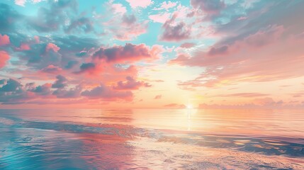 Serene Sunset Over Tropical Ocean with Soft Pastel Colors and Calm Waters, Idyllic Sky and Clouds on a Beach in the Maldives or Caribbean. Perfect Travel Destination for a Summer Vacation