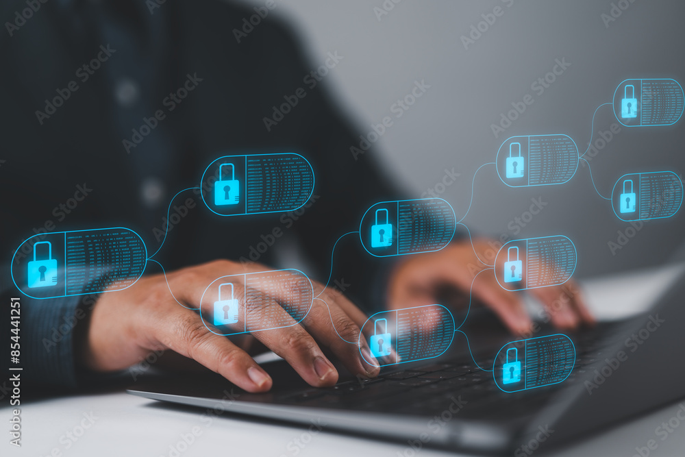 Poster blockchain technology ledger data algorithm linked together in a chain. The system Payments and transactions to secure business networks. concept cyber security financial, cryptocurrency digital