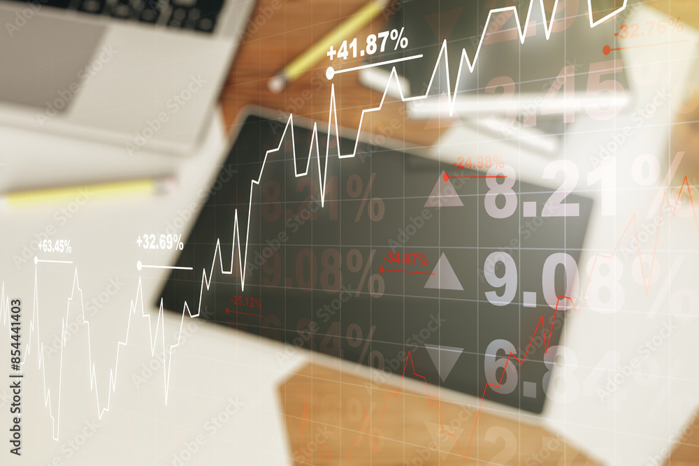 Aufkleber multi exposure of abstract creative financial graph and modern digital tablet on background, top vie