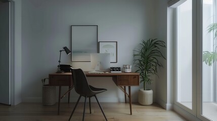 A sleek, modern home office features a wooden desk with a computer, lamp, and chair, with a minimalist aesthetic and natural light.