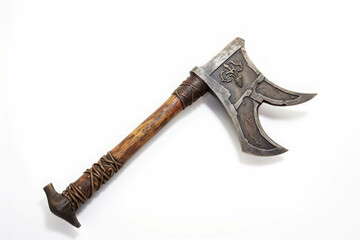Ancient Battle Axe with Intricate Carvings and a Sturdy Wooden Handle Showcasing Medieval Craftsmanship
