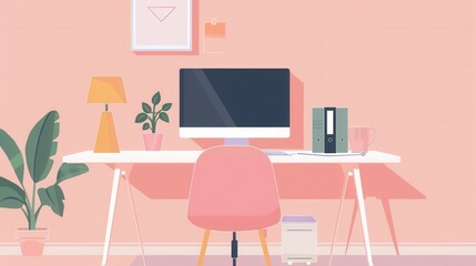 A clean and modern home office workspace with a pink chair, a white desk, and a computer.