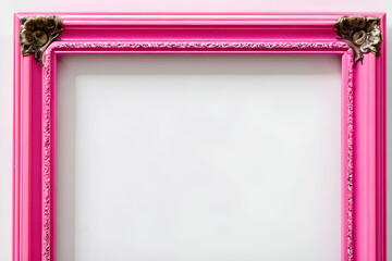 Modern plastic bright pink picture frame with antique styling isolated on white background.