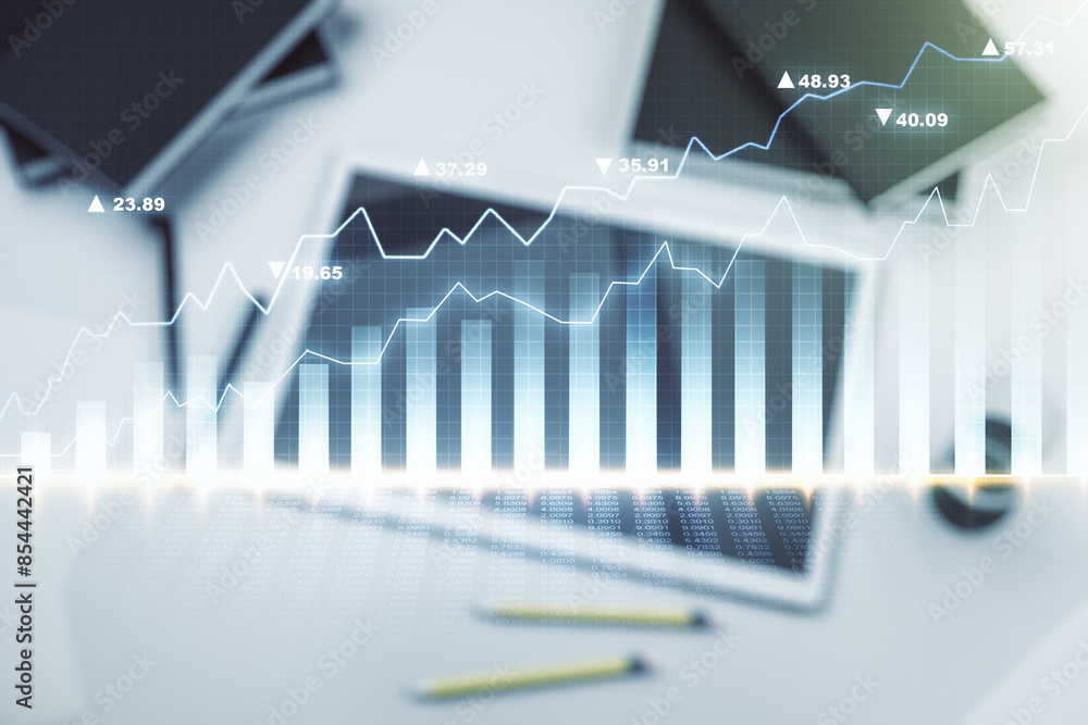 Poster multi exposure of abstract financial graph and modern digital tablet on desktop on background, top v