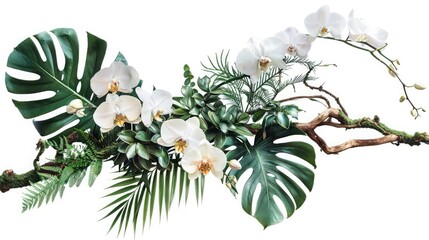 Floral arrangement with tropical leaves and orchids,Tropical flower decor on tree branch on white background,,Flower arrangement with orchids and palm leaves on white background,Floral arrangement 

