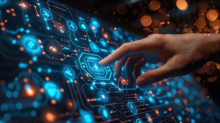 A hand interacting with a futuristic digital interface, featuring glowing blue circuits and data elements, symbolizing advanced technology and human-machine interaction.
