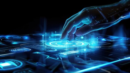 The touch of a hand on a holographic interface, pulsing with vibrant blue visuals and dynamic data, embodies the seamless integration of futuristic technology and human interaction.
