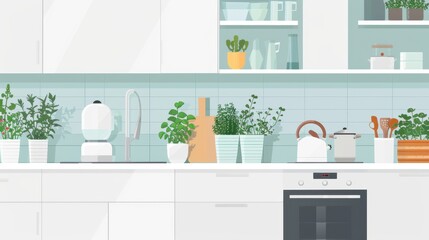 Fototapeta premium A contemporary kitchen design featuring white cabinets, a sleek oven, and a countertop adorned with potted plants.
