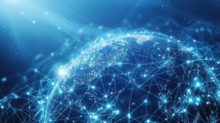 Obraz premium A vibrant digital artwork featuring a globe adorned with intricate networks of lines and nodes, symbolizing global communication and data exchange. Set against a luminous blue backdrop. 