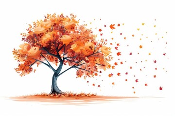 Isolated vector illustration of an autumn tree with falling leaves on a white background, warm color palette 