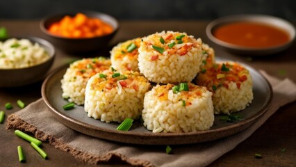  Deliciously crafted rice balls with vibrant toppings ready to be savored