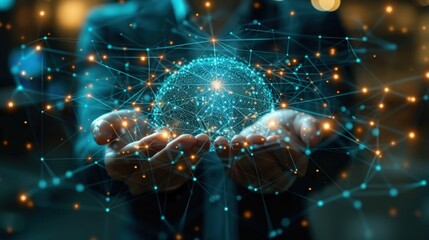 Suited figure holding a glowing network of interconnected nodes, symbolizing global connectivity and advanced technology. Blue lines emphasize digital innovation and communication.
