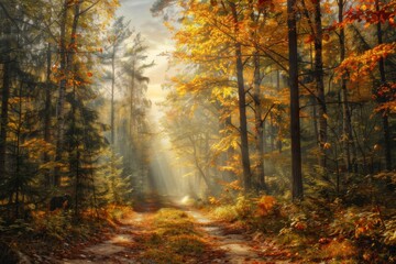 Obraz premium Scenic view of a forest with trees in fall foliage, sunlight filtering through, peaceful and natural setting 