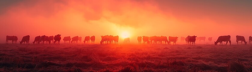 Obraz premium Majestic herd of cattle silhouetted against a stunning red sunrise on a misty morning, capturing the beauty of nature and rural life.