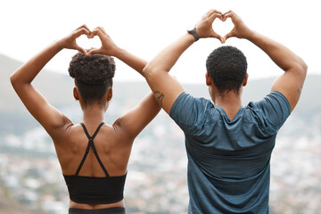 Back, fitness and hands of couple with heart sign for health, workout or exercise with care. Relationship, emoji and black people on break with gesture for outdoor activity, wellness or symbol