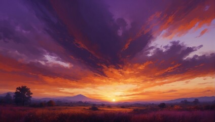 Obraz premium A vibrant, abstract painting of a sunset over a field with bold brushstrokes