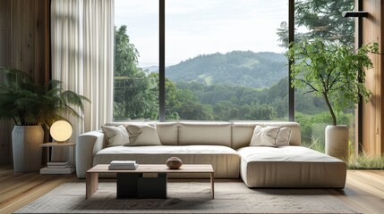 Fototapeta premium A minimalist living room features a sectional sofa, a wooden coffee table, and a large window offering a breathtaking view of rolling hills and lush greenery.