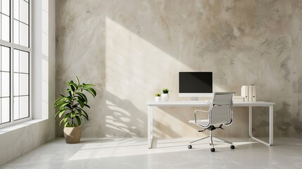 Stylish minimalist office, clean desk, ergonomic grey chair, softly bright beige wall, modern and minimalist decor, ample natural light, serene workspace