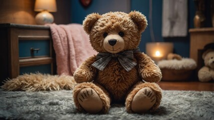 Fototapeta premium An adorable teddy bear sitting on the couch in a cozy room. Perfect gift for kids.