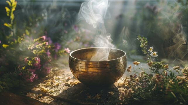 Tibetan singing bowl emitting soft light, surrounded by aromatic herbs, creating a meditative mood