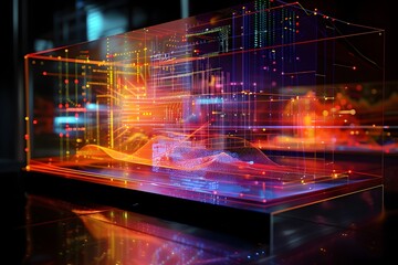 A holographic projection of a quantum computer simulation, with complex data visualizations and mathematical equations, representing the computational power of quantum systems