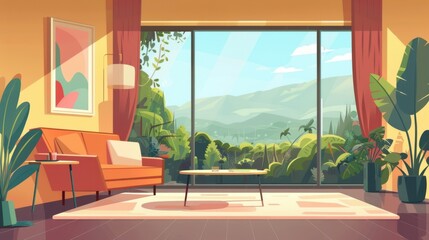 Fototapeta premium A modern living room features a comfortable orange sofa, a coffee table, and large windows showcasing a scenic mountain vista and tropical foliage.
