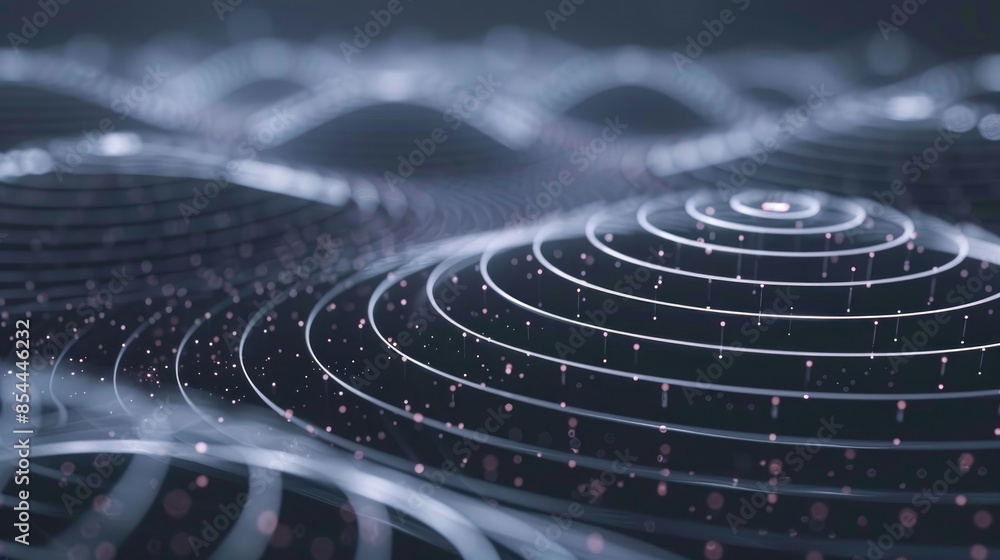 Poster futuristic visualization of digital circles and sound waves with noise in big data