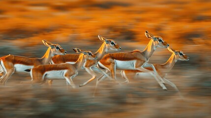 Fototapeta premium A group of antelope racing across the plains, Speed and agility across the plains