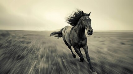 Obraz premium A horse galloping across an open field, Dynamic motion blur