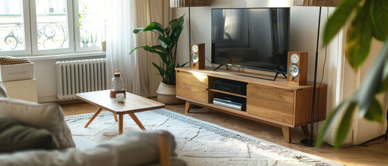 Modern Living Room Interior with Stylish Wooden TV Cabinet and Contemporary Decor