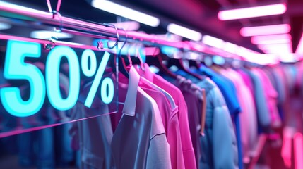 Fashion sale rack with 50 percent off sign showcasing discounted items in bright and engaging setting