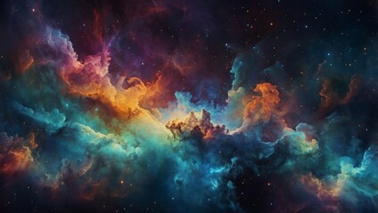 An abstract image of a vibrant cosmic nebula with swirling colors of red, orange, blue, and green against a dark starry background