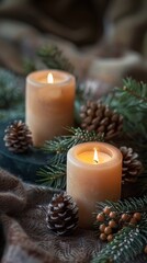 Winter Solstice, featuring candles, evergreen branches, pinecones, and winter berries, serene and seasonal setting 